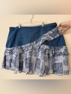 Denim & Paisley Patchwork Ruffled Denim Skirt Womens Size 26W Plus Size 3X